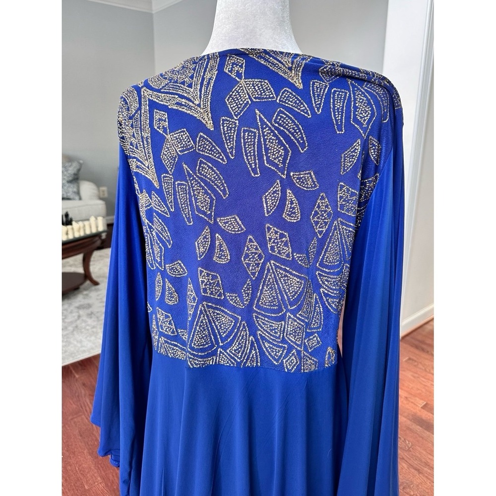 Handmade Bell Sleeve Blue Gold Glitter Unique Pattern Formal Gown Dress - Picture 6 of 12